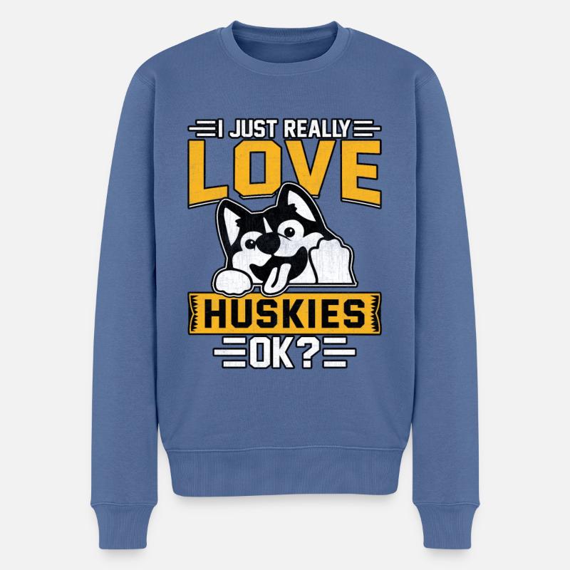 J’aime vraiment les huskies ok? - Pull Premium bio Homme - bleu pigeon