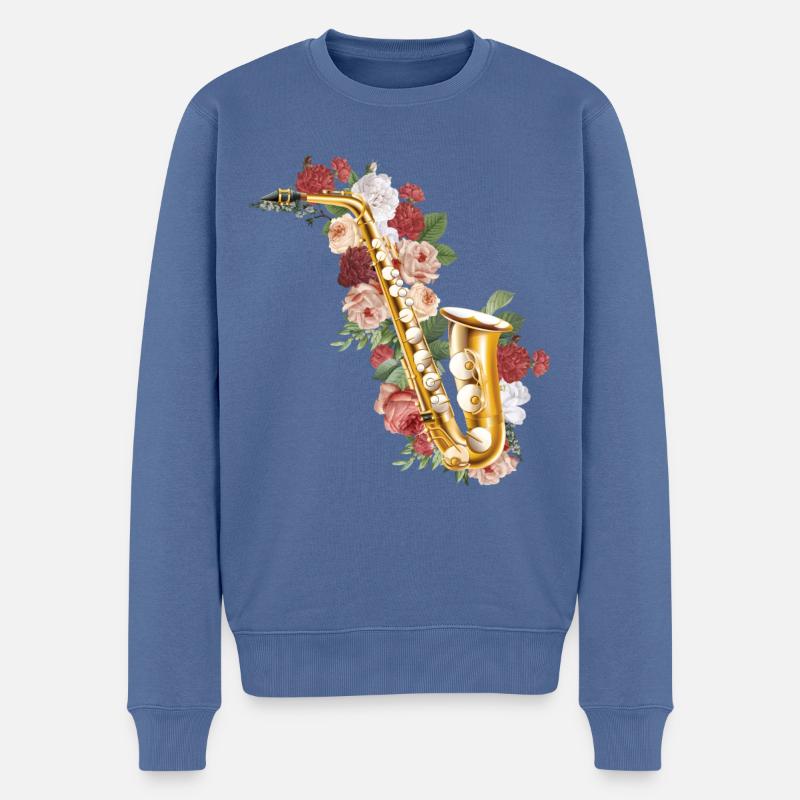 Saxophone Fleur Rose Floral - Pull Premium bio Homme - bleu pigeon