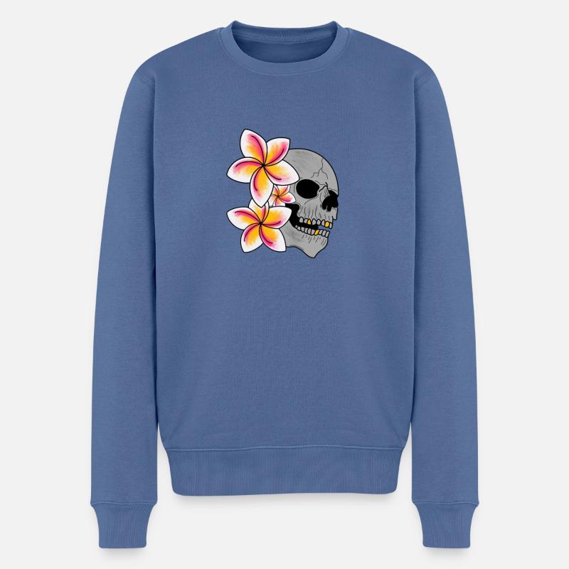 Schädel und Tiare Blumen - Männer Premium Bio Pullover - Taubenblau