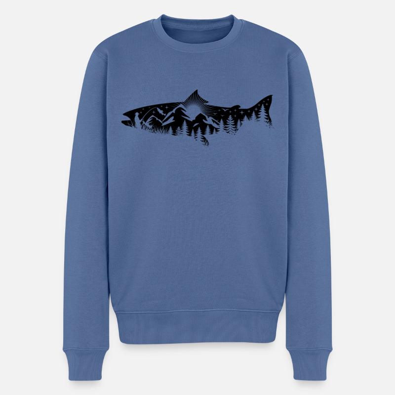 Silhouette truite - pêcheur avec paysage - Pull Premium bio Homme - bleu pigeon