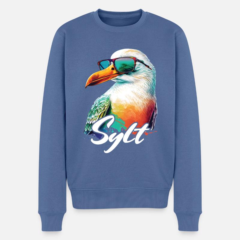 Sylt Urlaub coole bunte Möwe mit Sonnenbrille - Männer Premium Bio Pullover - Taubenblau