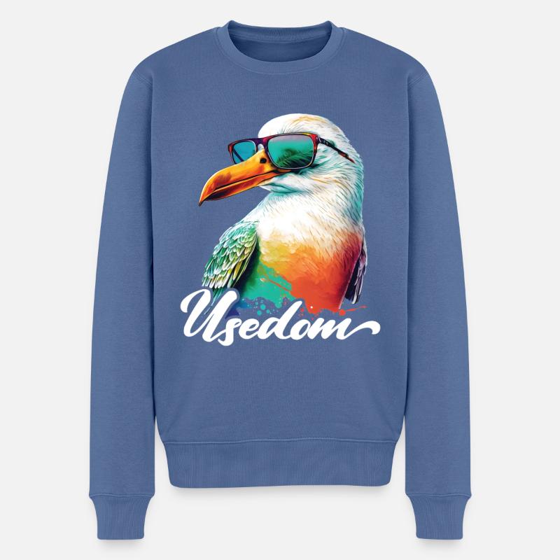 Usedom Urlaub coole bunte Möwe mit Sonnenbrille - Männer Premium Bio Pullover - Taubenblau