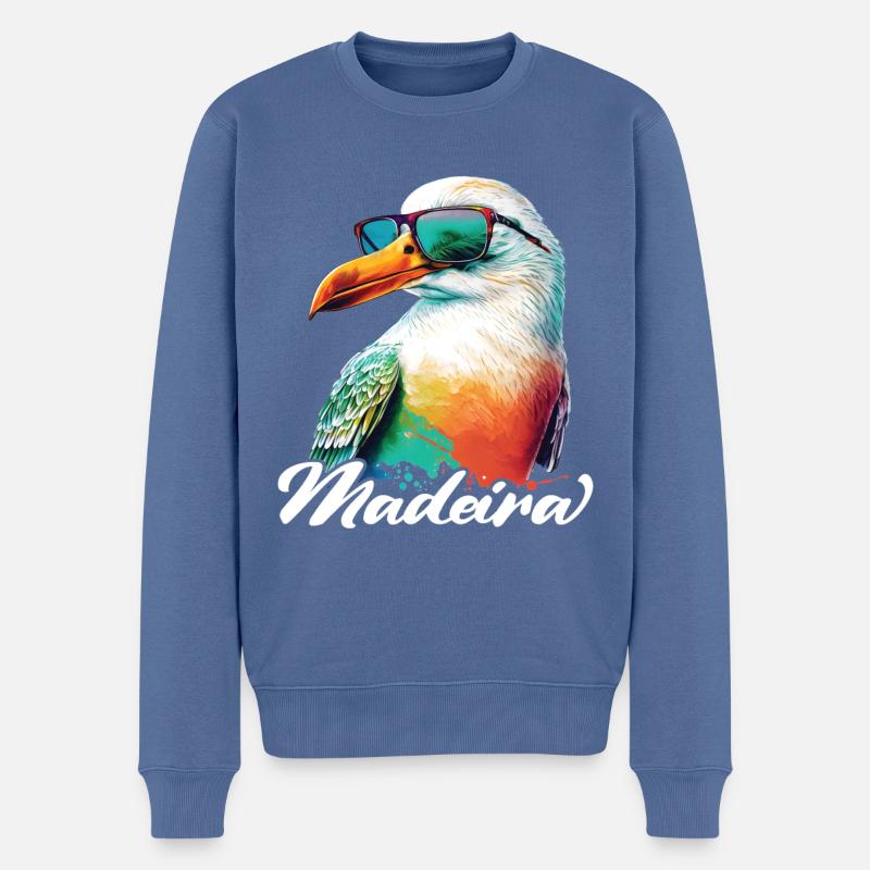 Madeira Urlaub coole bunte Möwe mit Sonnenbrille - Männer Premium Bio Pullover - Taubenblau