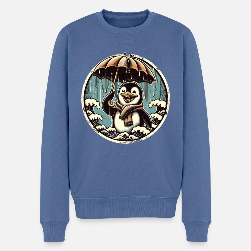 Fröhlicher Pinguin bei Regen mit Regenschirm - Männer Premium Bio Pullover - Taubenblau
