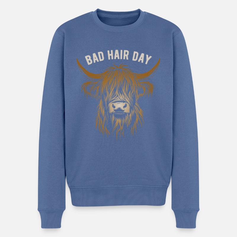 Hochland Rind Bad Hair Day - Lustiger Spruch - Männer Premium Bio Pullover - Taubenblau