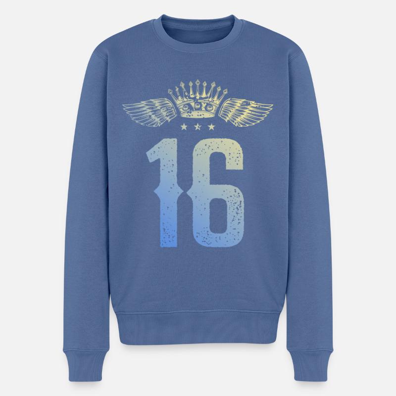 16 Zahl Krone - Männer Premium Bio Pullover - Taubenblau