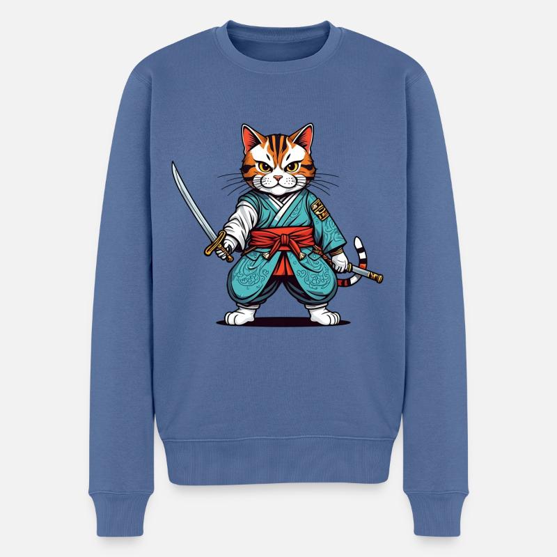 Chat samouraï - Pull Premium bio Homme - bleu pigeon