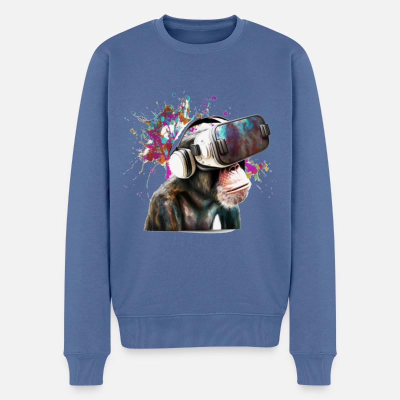 Monksy - Singe avec lunettes de réalité virtuelle - Pull Premium bio Homme - bleu pigeon