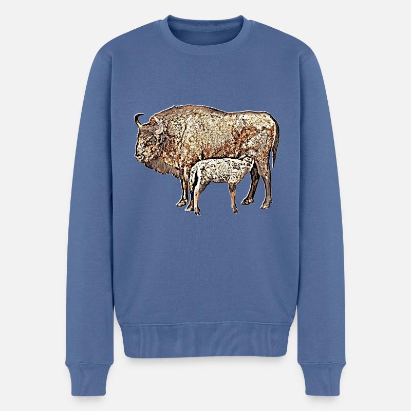 Bison mit Kalb - Männer Premium Bio Pullover - Taubenblau