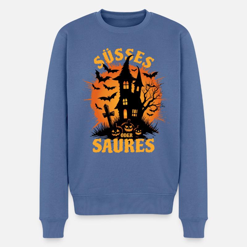 Halloween Geisterhaus - Süßes oder Saures - Männer Premium Bio Pullover - Taubenblau