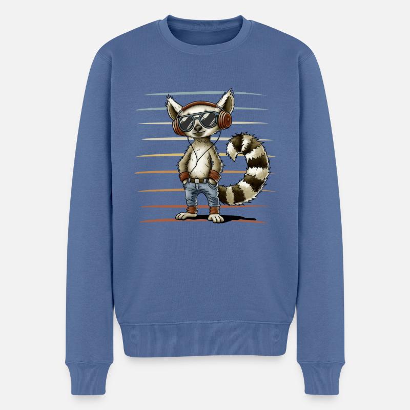 Nostalgie Lemur mit Retro Kopfhörern Sonnenbrille - Männer Premium Bio Pullover - Taubenblau