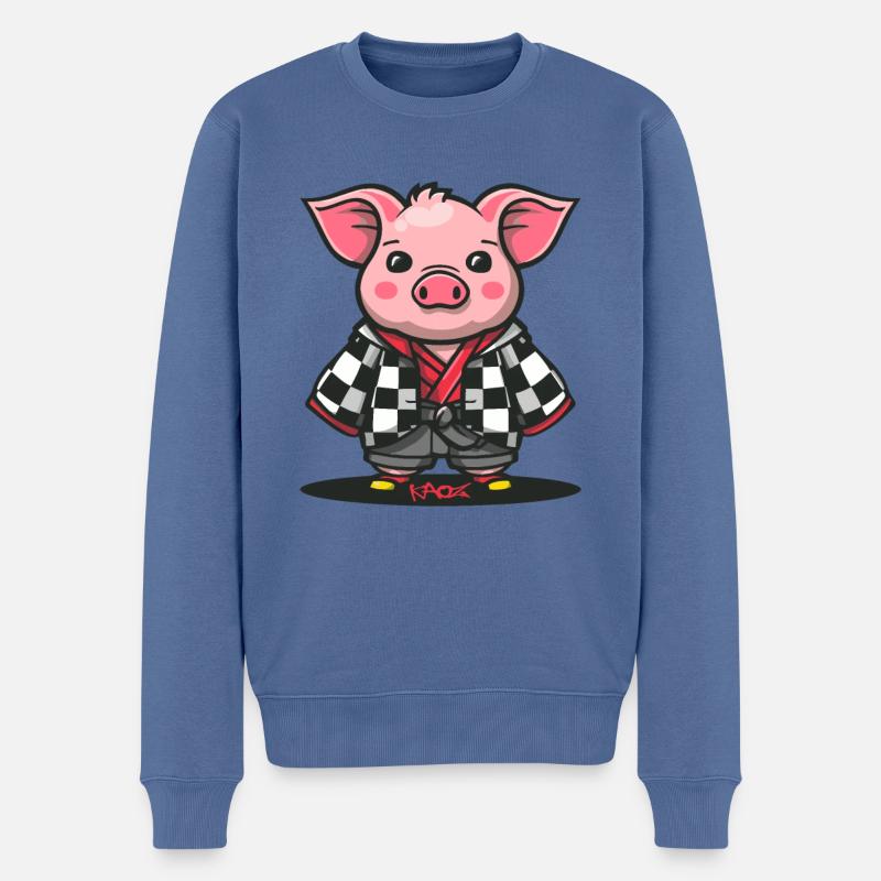 Niedliches Kimono Schwein - Männer Premium Bio Pullover - Taubenblau