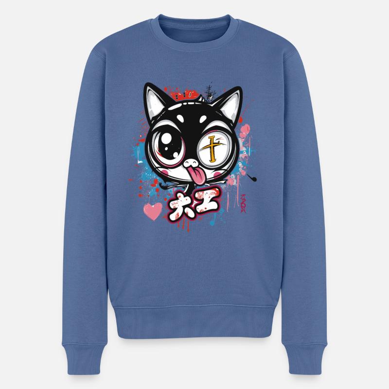 Die verrückte, lustige, schräge Cartoon-Katze - Männer Premium Bio Pullover - Taubenblau