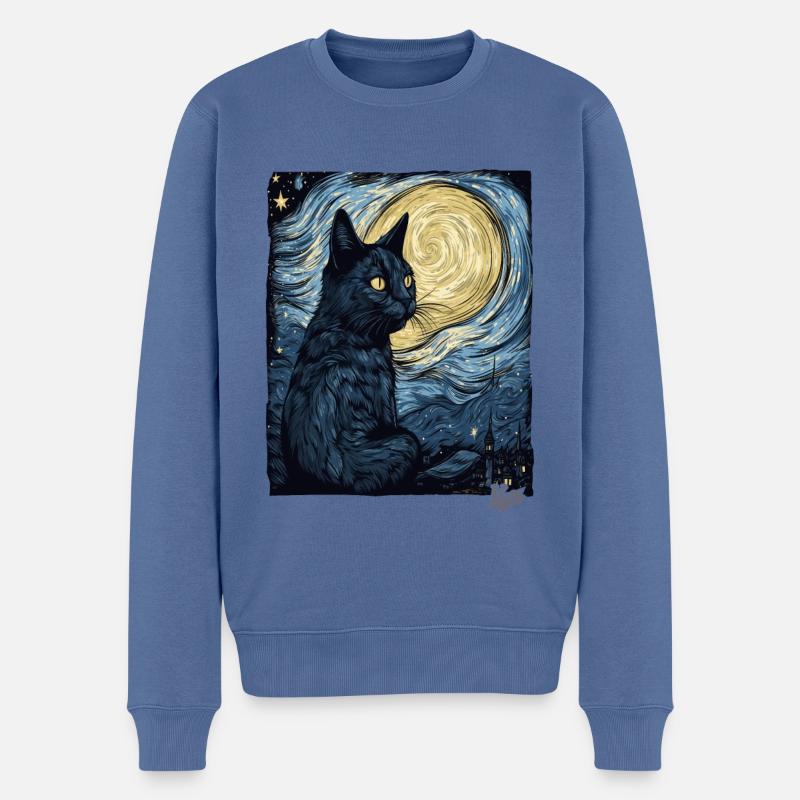 Nuit étoilée et chat noir - Pull Premium bio Homme - bleu pigeon
