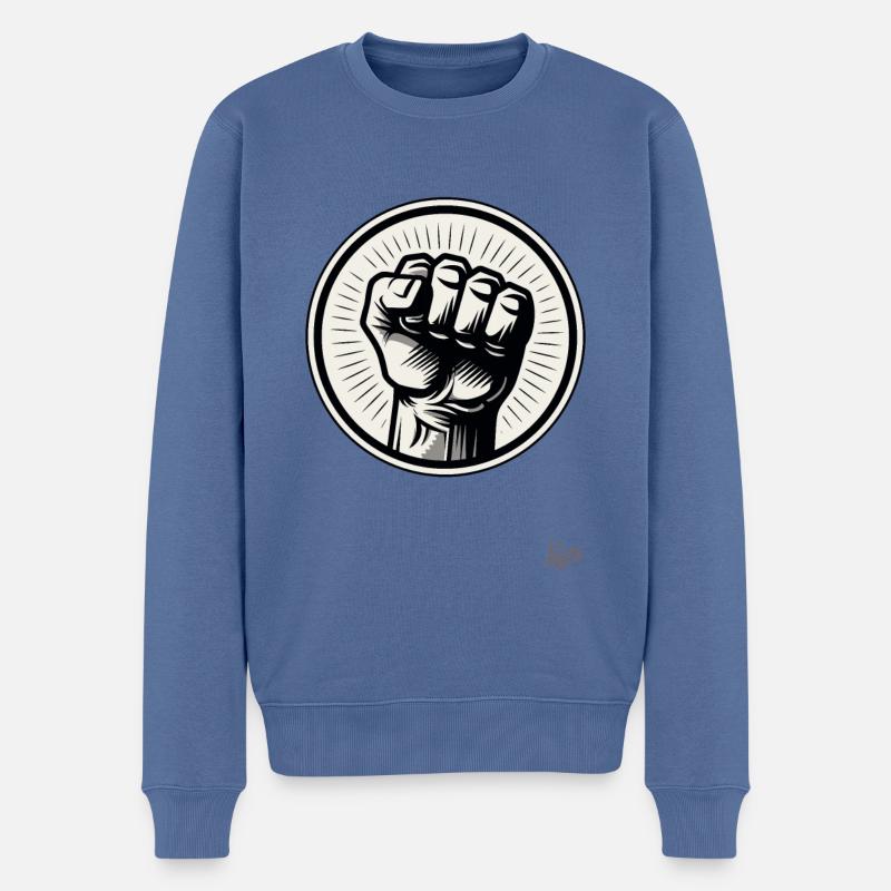 Linke Hand in die Luft zur Faust geballt - Männer Premium Bio Pullover - Taubenblau