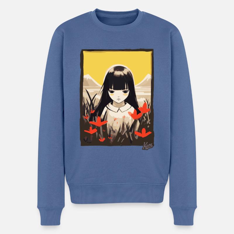 Japanisches Asiatisches Mädchen im Blumenfeld - Männer Premium Bio Pullover - Taubenblau