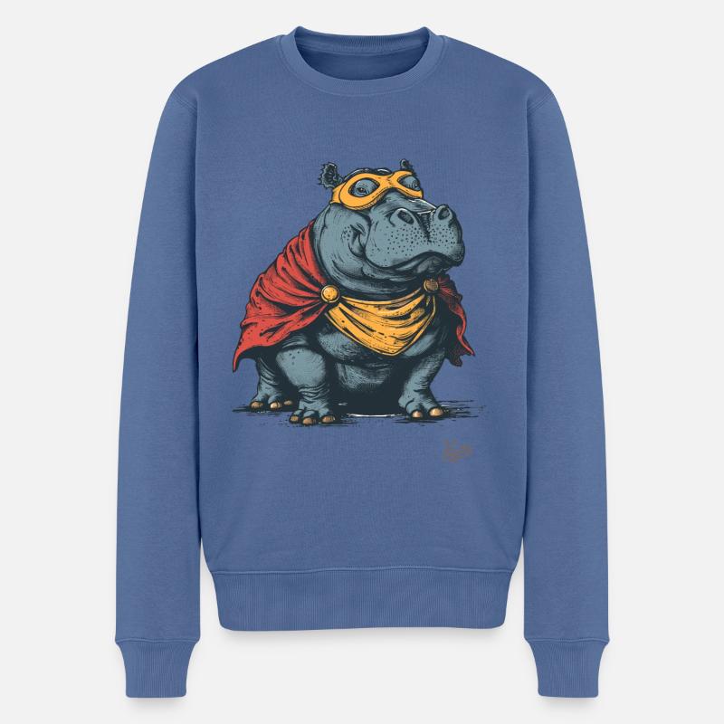 Hippopotame en costume de super-héros - Pull Premium bio Homme - bleu pigeon