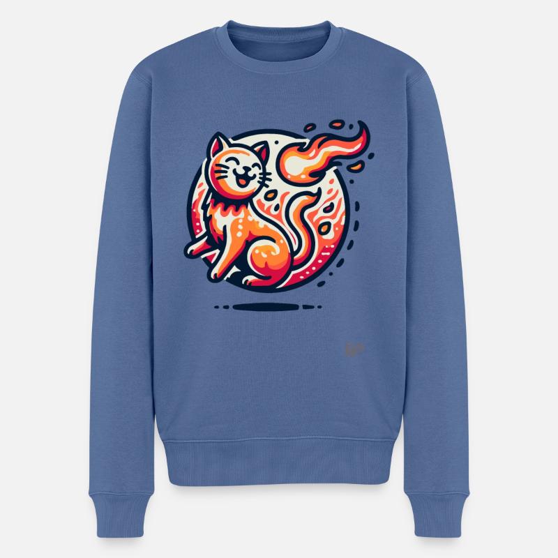 Flammen und eine springende Katze - Männer Premium Bio Pullover - Taubenblau