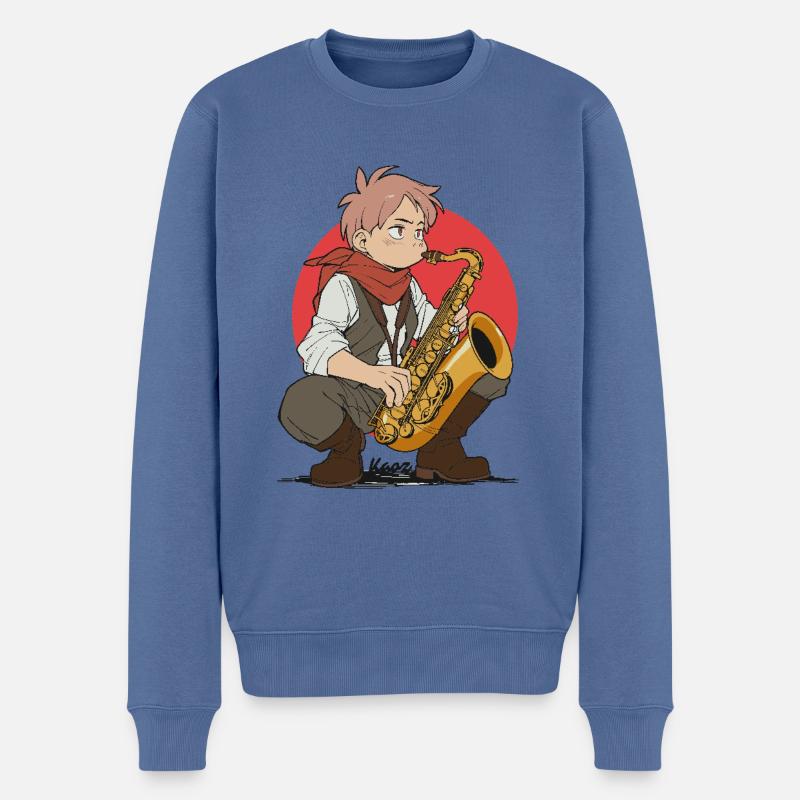 Un garçon joue du saxophone - Pull Premium bio Homme - bleu pigeon