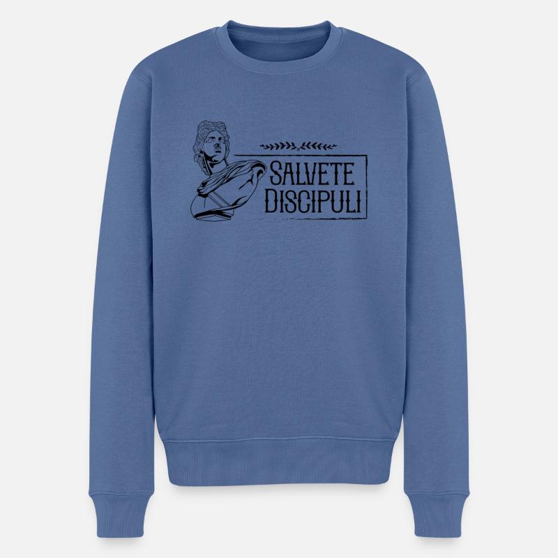 Dicton latin - Salvete Discipuli - Pull Premium bio Homme - bleu pigeon