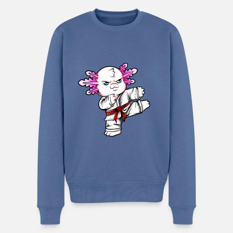 Comic Axolotl fait du karaté - Pull Premium bio Homme - bleu pigeon