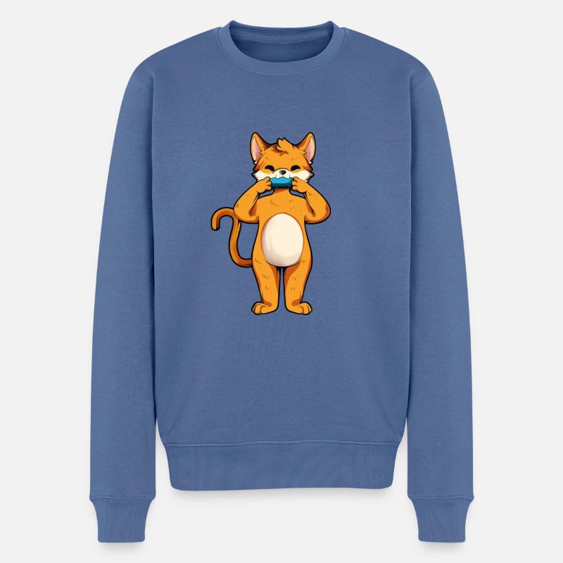 Cat joue de l’harmonica - Pull Premium bio Homme - bleu pigeon