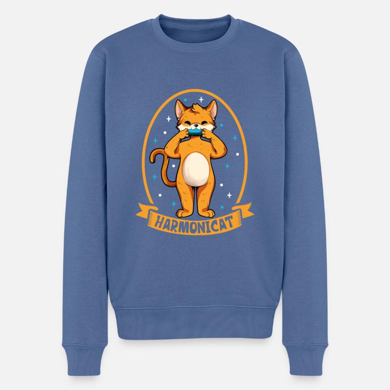 Harmonicat - Chat avec harmonica - Pull Premium bio Homme - bleu pigeon