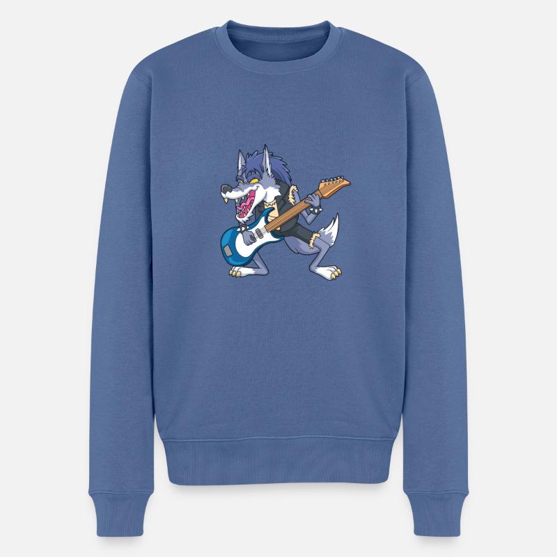 Cartoon Wolf rockt E-Gitarre - Männer Premium Bio Pullover - Taubenblau