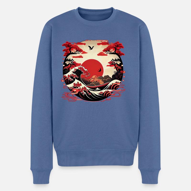 Japanische Kunst Meeres Wellen mit Sonne - Comic - Männer Premium Bio Pullover - Taubenblau
