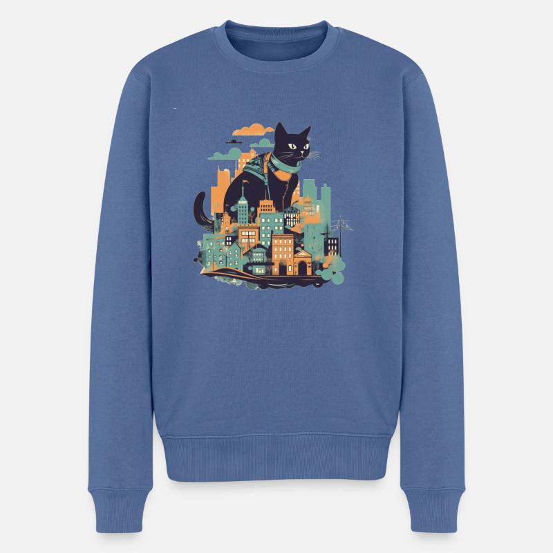 Schwarze Katze die vor einer bunten Stadt sitzt - Männer Premium Bio Pullover - Taubenblau