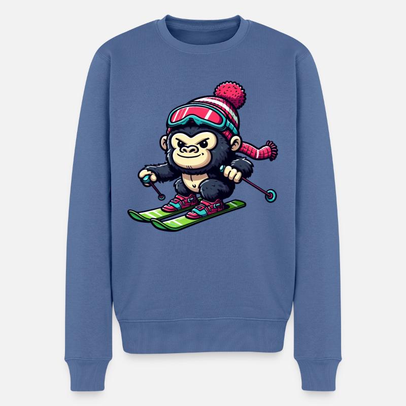 Singe Gorille Chimpanzé Ski Vacances Skieur Design - Pull Premium bio Homme - bleu pigeon