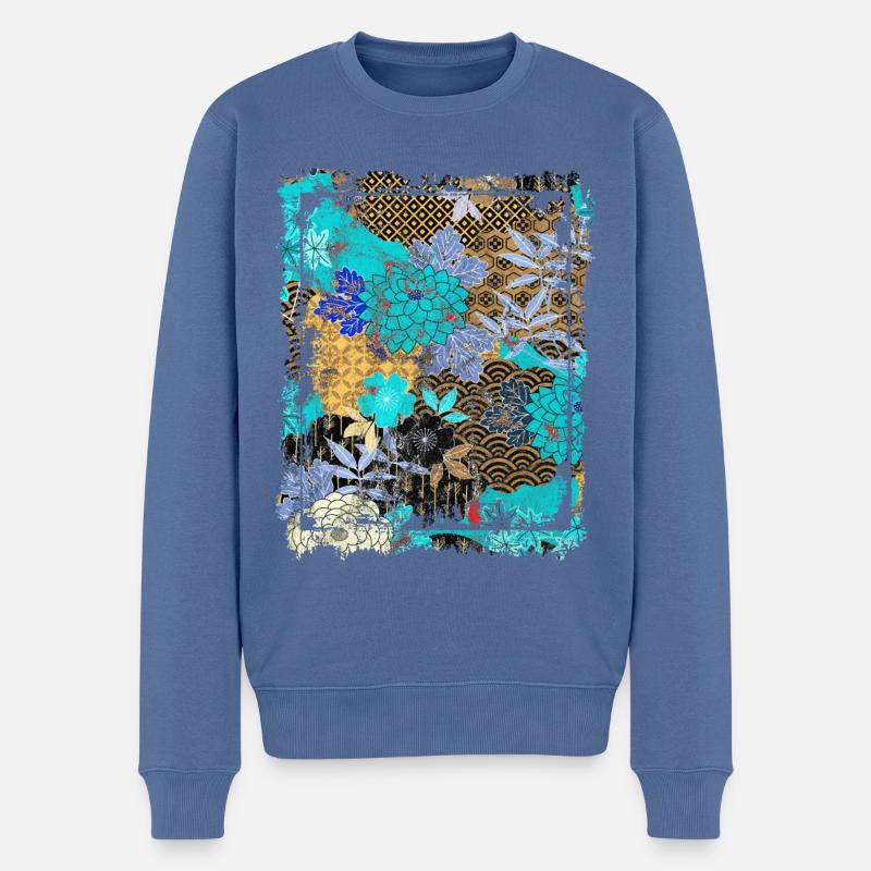 Japanisches Blumenmuster Chrysanthemenkirsche - Männer Premium Bio Pullover - Taubenblau