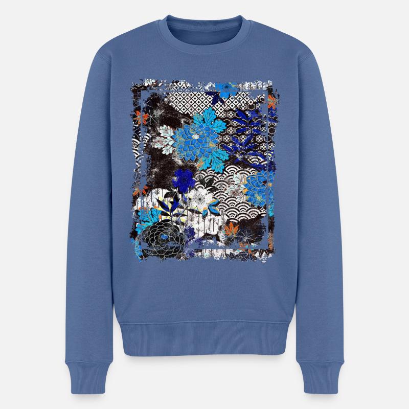Japanisches Blumenmuster Chrysanthemenkirsche - Männer Premium Bio Pullover - Taubenblau