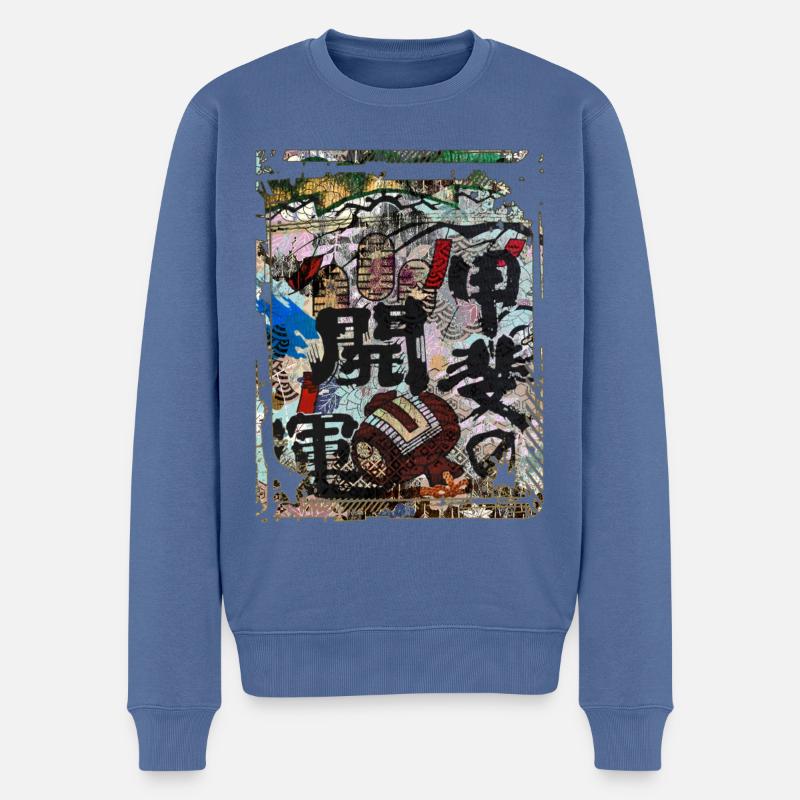 Japanisches Blumenmuster Chrysanthemenkirsche - Männer Premium Bio Pullover - Taubenblau