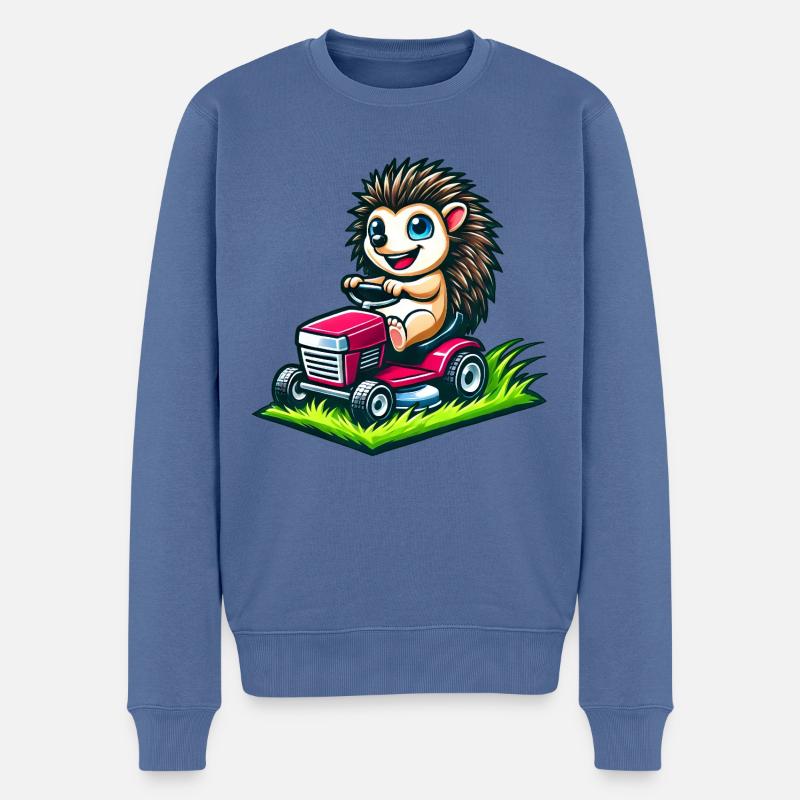 Hérisson sur tracteur dans le jardin - Pull Premium bio Homme - bleu pigeon