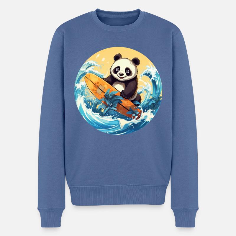 Surfender Panda beim Sonnenuntergang - Männer Premium Bio Pullover - Taubenblau