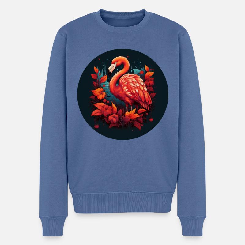 Flamingo in Herbstblättern - Männer Premium Bio Pullover - Taubenblau