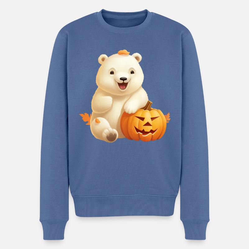 Halloween-Eisbär mit Kürbis - Männer Premium Bio Pullover - Taubenblau