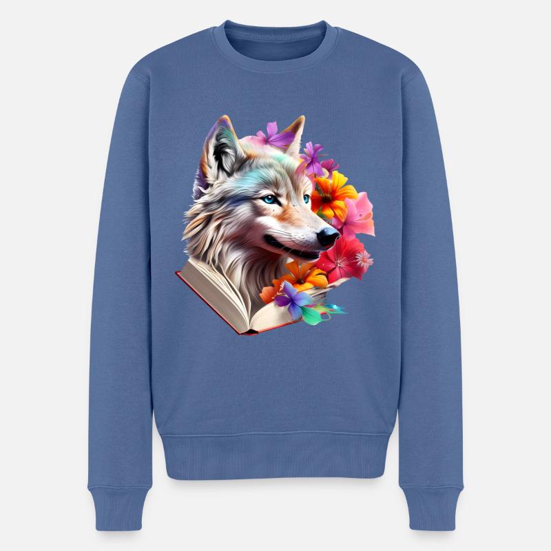 Wolf Lesen Buch - Männer Premium Bio Pullover - Taubenblau