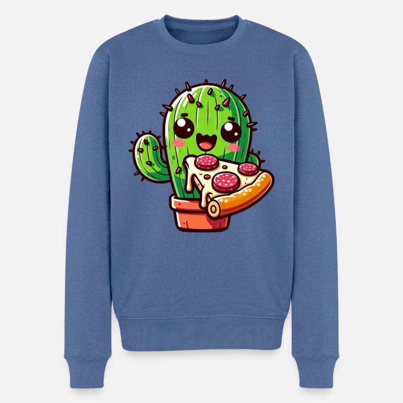 Kawaii Kaktus mit Pizza, Comic-Stil - Männer Premium Bio Pullover - Taubenblau