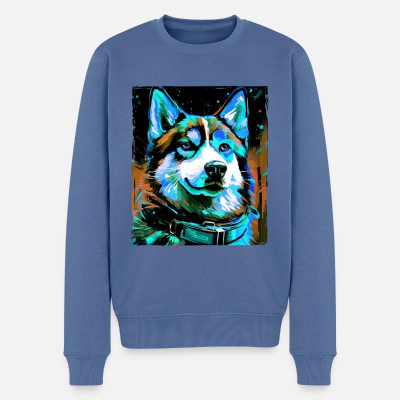 Husky Hund Porträt - Männer Premium Bio Pullover - Taubenblau