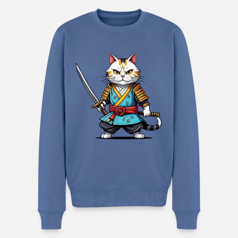 Chat samouraï - Pull Premium bio Homme - bleu pigeon