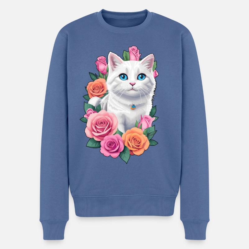 Katze mit Rosen - Männer Premium Bio Pullover - Taubenblau
