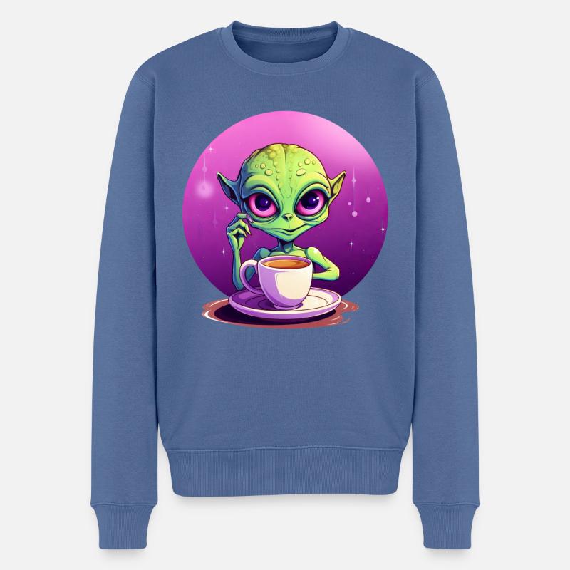 Mitternachts-Kaffee: Der grüne Alien-Trinker - Männer Premium Bio Pullover - Taubenblau