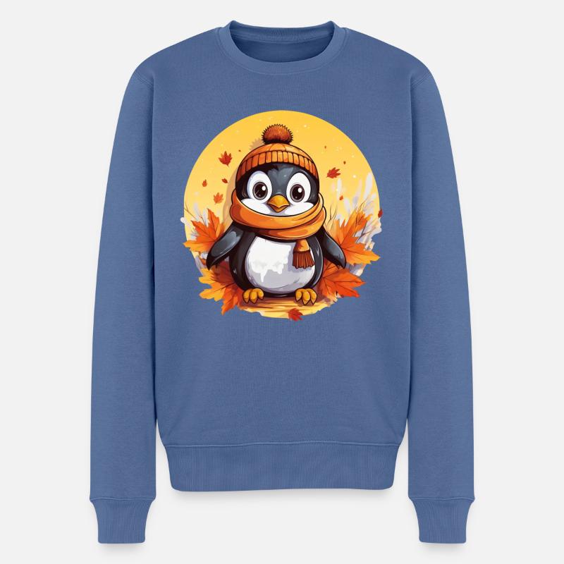 Pinguin im Herbst: Laub & Sonnenuntergang - Männer Premium Bio Pullover - Taubenblau