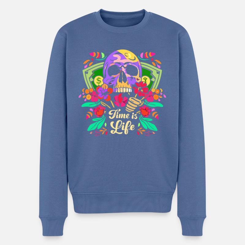 YANACAT Zeit ist (Geld) Leben. Totenkopf Blumen - Männer Premium Bio Pullover - Taubenblau