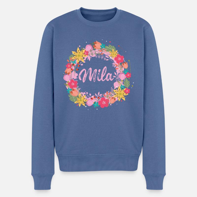 mila,fleurs,couronne de fleurs,floral,illustration - Pull Premium bio Homme - bleu pigeon