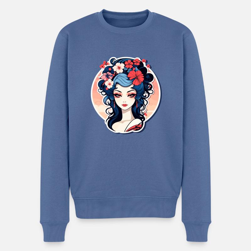 Geisha Illustration - Pull Premium bio Homme - bleu pigeon