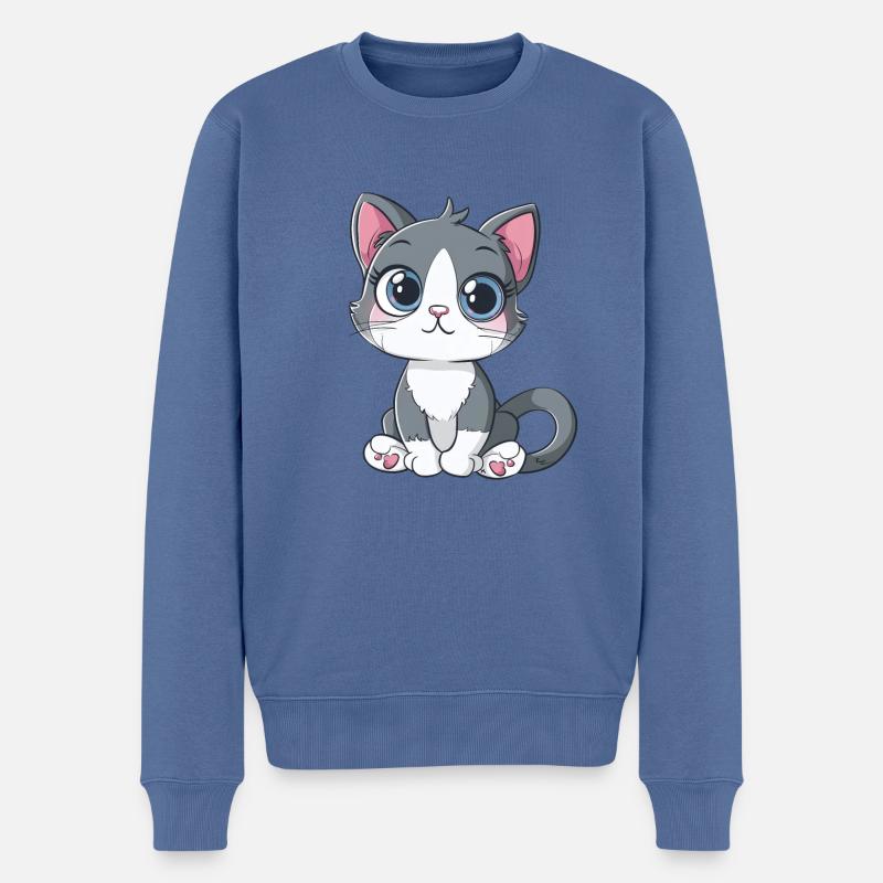 Chat mignon avec de grands yeux et des cœurs de pattes - Pull Premium bio Homme - bleu pigeon