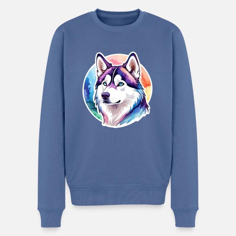 Husky de Sibérie Aquarelles - Pull Premium bio Homme - bleu pigeon